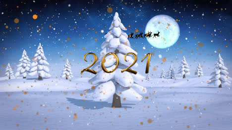 2021-Text-Und-Gelbe-Flecken-über-Schneeflocken,-Die-über-Die-Winterlandschaft-Fallen,-Gegen-Den-Mond-Im-Nachthimmel