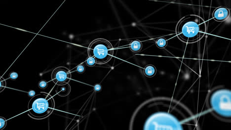 Animation-of-networks-of-connections-with-icons-on-black-background
