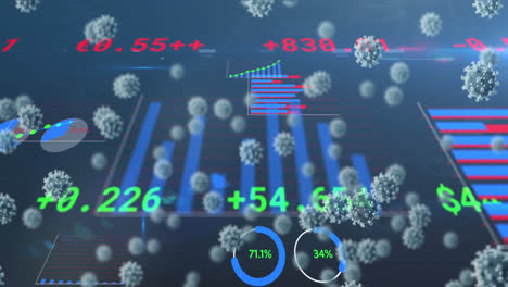 Digitale-Animation-Schwebender-Covid-19-Zellen-Und-Statistische-Datenverarbeitung-Auf-Blauem-Hintergrund