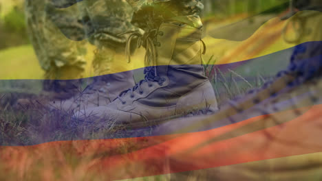 Animation-Der-Kolumbianischen-Flagge,-Die-über-Den-Stiefeln-Eines-Soldaten-Weht