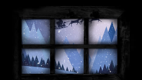 Animation-of-santa-claus-in-sleigh-with-reindeer-seen-through-window