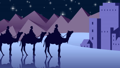 Animación-De-Tres-Reyes-En-Camellos-Y-Estrellas-En-La-Noche