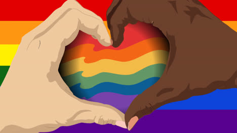 Animation-of-caucasian-and-african-american-hands-forming-heart-over-rainbow-background