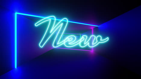Animation-of-new-text-in-blue-neon-with-colourful-neon-light-beams-moving-on-black-background