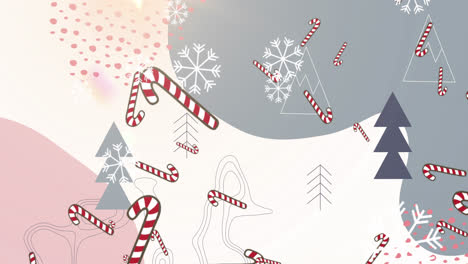 Multiple-candy-cane-icons-and-snowflakes-falling-against-abstract-shapes-on-grey-background