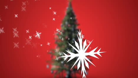 Animation-Von-Schnee,-Der-über-Den-Weihnachtsbaum-Auf-Rotem-Hintergrund-Fällt