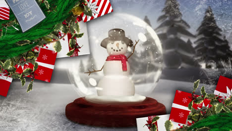 Animation-Von-Tannenzweigen-über-Einer-Weihnachtlichen-Schneekugel-In-Einer-Winterlandschaft