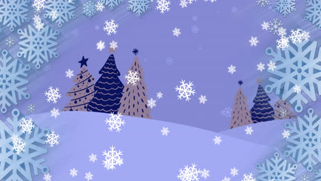 Animación-De-Nieve-Cayendo-Sobre-El-Patrón-Del-árbol-De-Navidad-Sobre-Fondo-Azul.