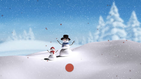 Animación-De-Nieve-Cayendo-Sobre-Un-Muñeco-De-Nieve-Sonriente-De-Padre-E-Hijo-En-Un-Paisaje-Invernal