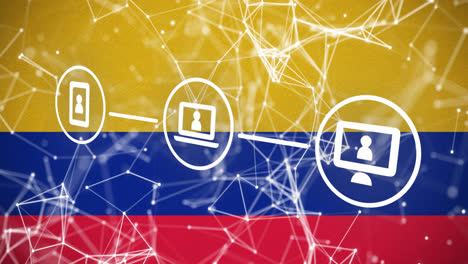 Animación-De-Iconos-Y-Red-De-Conexiones-Sobre-Bandera-De-Colombia