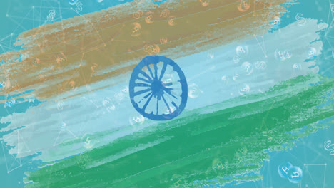 Animation-of-bitcoin-symbols-flowing-over-flag-of-india-in-background