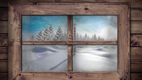 Animation-Von-Fallendem-Schnee-über-Einer-Winterlandschaft,-Gesehen-Durch-Ein-Fenster
