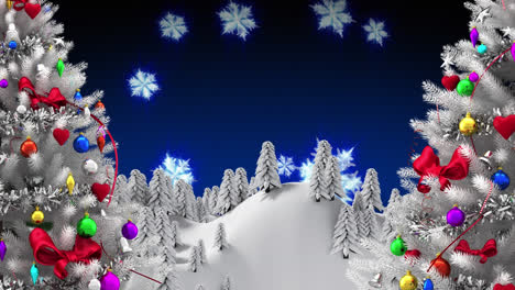 Animation-of-christmas-trees-and-snow-falling-in-winter-scenery