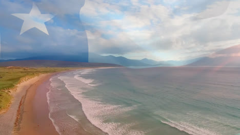 Digitale-Komposition-Aus-Wehender-Chilenischer-Flagge-Vor-Der-Luftaufnahme-Von-Strand-Und-Meereswellen