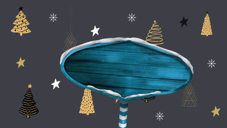 Blauer-Holzschildpfosten-Gegen-Mehrere-Weihnachtsbaumsymbole-Auf-Grauem-Hintergrund