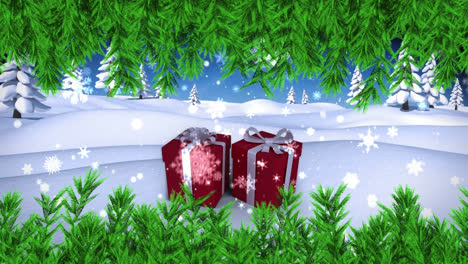 Animation-Von-Tannenzweigen-über-Weihnachtsgeschenken-In-Einer-Winterlandschaft