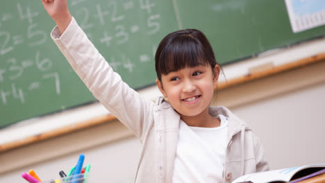 Smiling-asian-elementary-schoolgirl-raising-hand-sitting-in-school-classroom