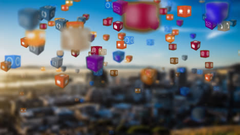 Animation-of-media-icons-over-cityscape