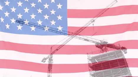 Animation-of-construction-site-and-cranes-with-american-flag