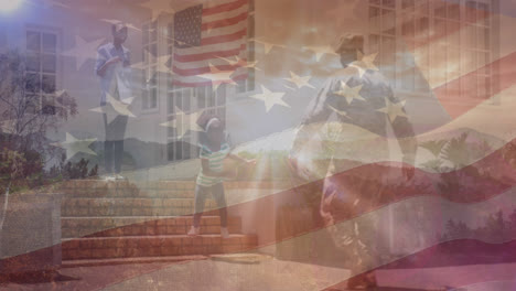 Animation-Der-US-Flagge-über-Einem-Afroamerikanischen-Soldaten,-Der-Nach-Hause-Kommt