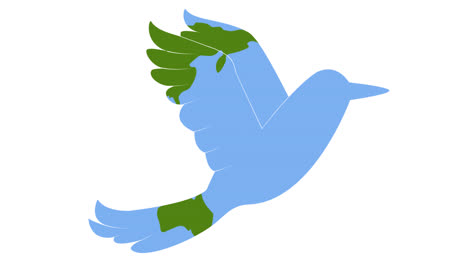 Animation-of-flying-bird-cut-out,-over-moving-green-and-blue-world-map