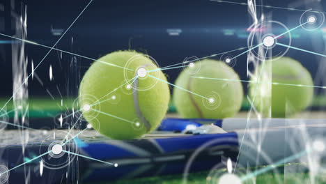 Animation-of-network-of-connections-with-icons-over-tennis-racket-and-balls