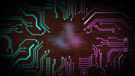 Animation-of-glowing-pink-and-blue-neon-motherboard-circuit,-on-brick-wall-background