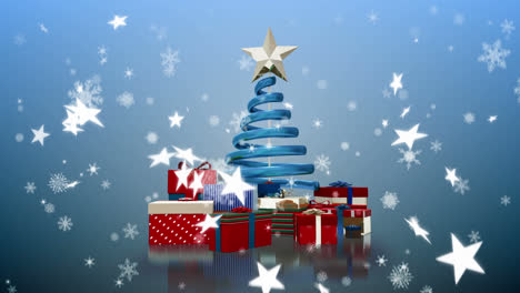 Snowflakes-and-multiple-star-icons-falling-over-christmas-tree-and-gifts-against-blue-background