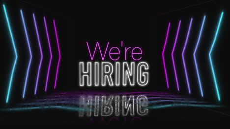 Animation-of-we're-hiring-text-in-pink-and-white-with-colourful-neon-chevrons-on-black