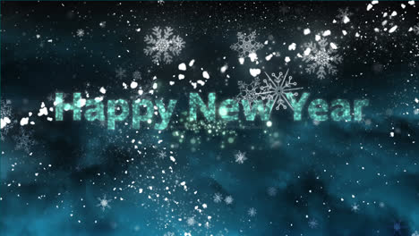 Animation-of-happy-new-year-text,-fireworks-and-christmas-star-falling