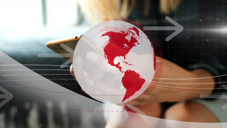 Animation-of-globe-over-woman-using-smartphone