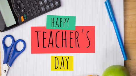 Animation-of-happy-teacher's-day-text-over-school-items-on-wooden-background