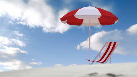 Animation-of-red-and-white-parasol-and-deck-chair-on-beach-on-sunny-day