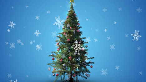 Animation-of-snow-falling-over-christmas-tree-on-blue-background