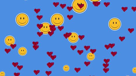 Animation-Von-Herzen-Und-Smileys,-Die-über-Blauem-Hintergrund-Schweben