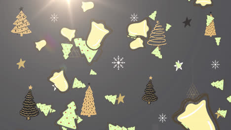 Christmas-tree-and-bell-icons-falling-against-multiple-christmas-tree-icons-on-grey-background