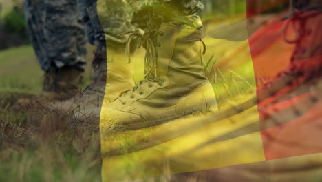Animation-Einer-Belgischen-Flagge,-Die-über-Den-Stiefeln-Eines-Soldaten-Weht