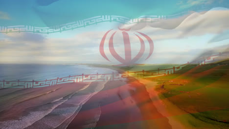 Digitale-Komposition-Der-Schwenkenden-Iranischen-Flagge-Vor-Der-Luftaufnahme-Von-Strand-Und-Meereswellen