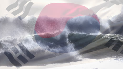 Composición-Digital-De-Ondear-La-Bandera-De-Corea-Del-Sur-Contra-Las-Olas-En-El-Mar