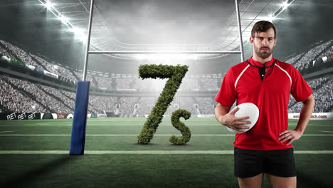 Animation-of-caucasian-rugby-player-and-7s-number-formed-with-grass-in-rugby-sports-stadium