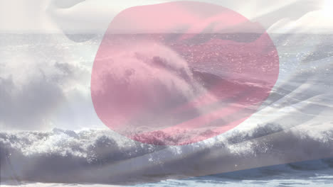 Composición-Digital-De-Ondear-La-Bandera-Japonesa-Contra-Las-Olas-En-El-Mar