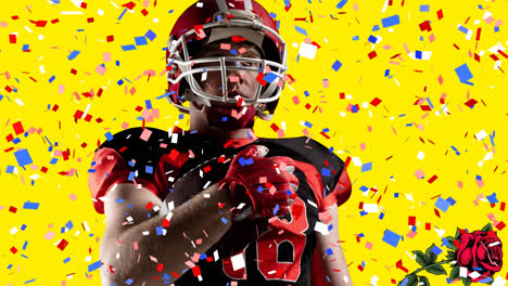 Animation-of-confetti-over-american-football-player-on-yellow-background