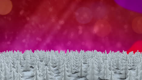 Red-decorative-designs-over-trees-on-winter-landscape-against-spots-of-light-on-pink-background