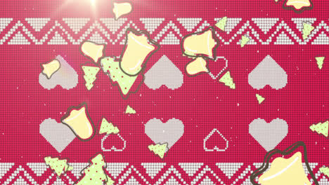 Multiple-christmas-tree-and-bell-icons-falling-against-christmas-traditional-pattern-with-hearts