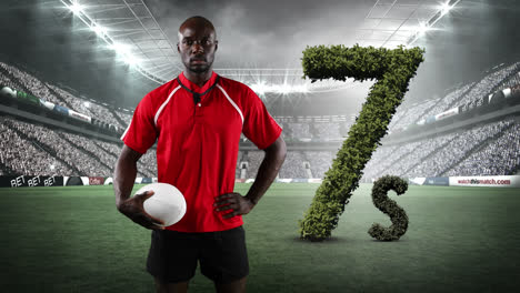 Animation-of-african-american-rugby-player-and-7s-number-formed-with-grass-in-rugby-sports-stadium