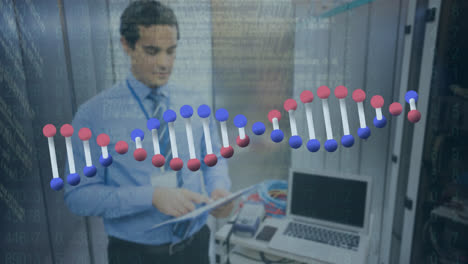 Animation-of-dna-strand-and-data-processing-over-biracial-man-in-server-room