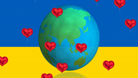 Animation-Von-Herzen-Und-Globus-über-Der-Flagge-Der-Ukraine