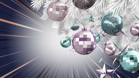 Animation-of-christmas-decoration-over-glowing-rays-on-grey-background