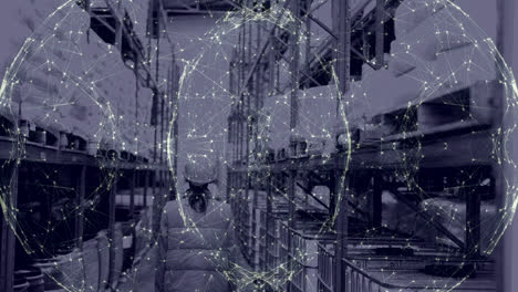 Animation-of-network-of-connections-over-back-view-of-caucasian-female-warehouse-worker