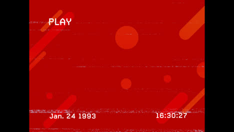 Animation-of-play-interface-on-screen-with-glitch-and-shapes-on-red-background